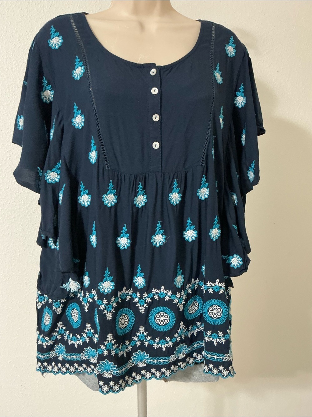 Sundance Embroidered Boho Tunic Top Navy Blue Medium